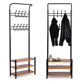 Coat Rack Stand with 3 Shoe Shelves 18 Hooks Free Standing Hall Tree