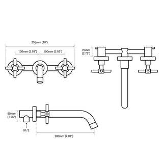 Colina - Modern Brass Double Handle Wall Mounted Basin Tap