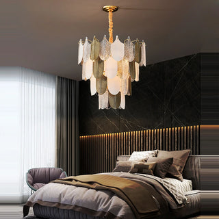 Victoria - Modern Abstract Tiered Patterned Glass Leaf Dimmable Chandelier