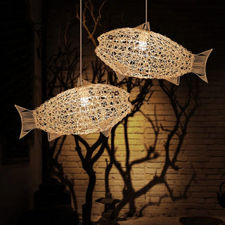 Azure - Modern Wavy Hand Woven Rattan Fish Pendant Ceiling Light