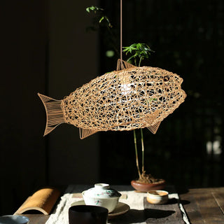Azure - Modern Wavy Hand Woven Rattan Fish Pendant Ceiling Light