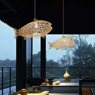 Azure - Modern Wavy Hand Woven Rattan Fish Pendant Ceiling Light