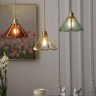 Stefan - Vintage Coloured Patterned Glass Gold Frame Pendant Ceiling Light