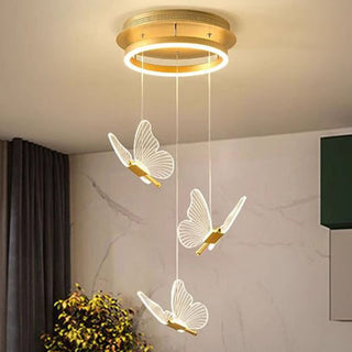 Cemre - Gold LED Butterfly Hanging Round Gold Base Dimmable Chandelier