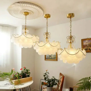Kristy - Glass Feather Round White Glass Gold Frame Ceiling Light Chandelier