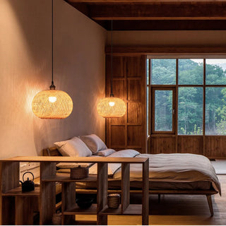 Feroza - Handwoven Bamboo Round Shade Hanging Ceiling Light