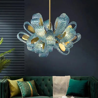 Camilla - Blue Patterned Glass Gold Body Crystal Hanging Chandelier