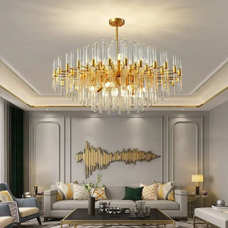 Swan - Glass Crystal Tubes Round Gold Ceiling Chandelier
