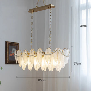 Kristy - Glass Feather Round White Glass Gold Frame Ceiling Light Chandelier