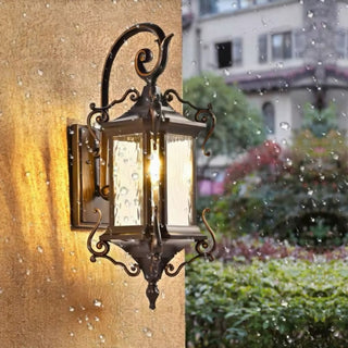 Helen - Rustic Water Glass Wall Sconce with Metal Scrolled Arm, Single Bulb Coffee Lantern