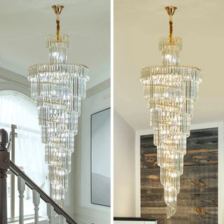 Aureus Spiral - Elegant Foyer Chandelier – Long Gold Crystal Pendant Light for High Ceilings
