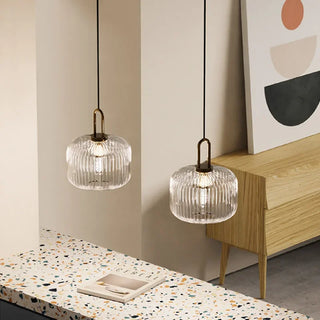 Katrina - Squashed Round Patterned Glass Shade Gold Pendant Ceiling Light