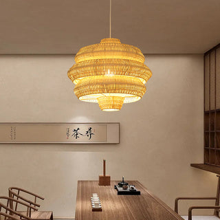 Lisette - 3 Tiers Adjustable Height Hanging Light with Rattan Shade & Midnight Black Fixture
