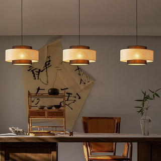 Kheesa - Layered Perforated Woven Cylindrical Hanging Pendant Ceiling Light