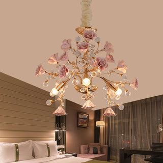 Luma - Luxury Ceramic Pink Flower Rose Crystal Hanging Ceiling Chandelier
