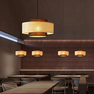 Kheesa - Layered Perforated Woven Cylindrical Hanging Pendant Ceiling Light