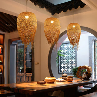Samra - Natural Bamboo Wicker Rattan Tassel Hanging Pendant Ceiling Light