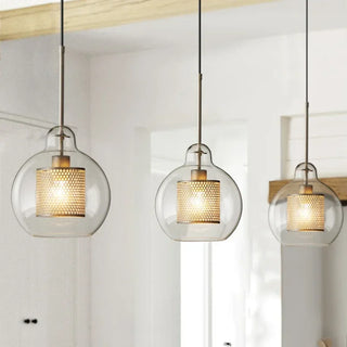 Hesselberg - Round Glass Metal Mesh Caged Bulb Hanging Pendant Ceiling Light