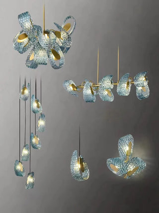 Camilla - Blue Patterned Glass Gold Body Crystal Hanging Chandelier