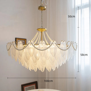 Kristy - Glass Feather Round White Glass Gold Frame Ceiling Light Chandelier