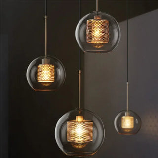 Hesselberg - Round Glass Metal Mesh Caged Bulb Hanging Pendant Ceiling Light