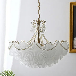 Kristy - Glass Feather Round White Glass Gold Frame Ceiling Light Chandelier