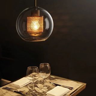 Hesselberg - Round Glass Metal Mesh Caged Bulb Hanging Pendant Ceiling Light