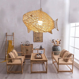 Azure - Modern Wavy Hand Woven Rattan Fish Pendant Ceiling Light