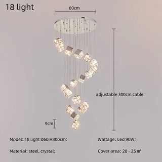 Celeste - Modern Statement Multi Head Chrome Square Crystal Spiral Chandelier