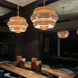 Lisette - 3 Tiers Adjustable Height Hanging Light with Rattan Shade & Midnight Black Fixture