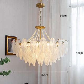 Kristy - Glass Feather Round White Glass Gold Frame Ceiling Light Chandelier