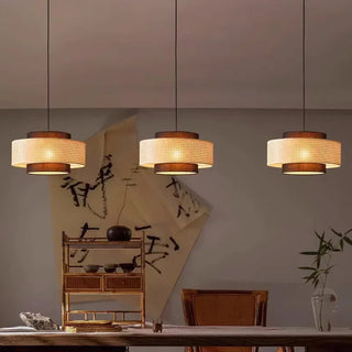 Kheesa - Layered Perforated Woven Cylindrical Hanging Pendant Ceiling Light