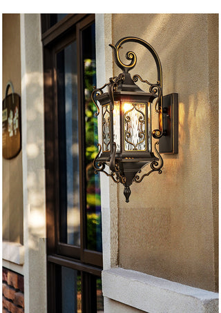 Helen - Rustic Water Glass Wall Sconce with Metal Scrolled Arm, Single Bulb Coffee Lantern
