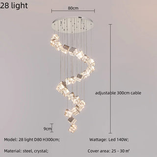 Celeste - Modern Statement Multi Head Chrome Square Crystal Spiral Chandelier