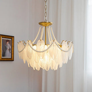 Kristy - Glass Feather Round White Glass Gold Frame Ceiling Light Chandelier