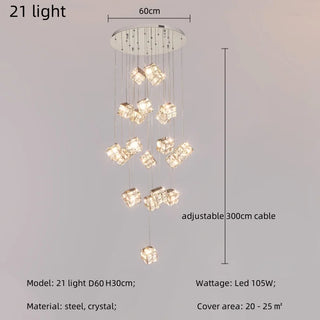 Celeste - Modern Statement Multi Head Chrome Square Crystal Spiral Chandelier