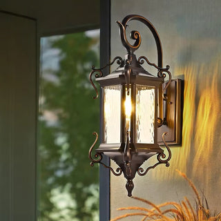 Helen - Rustic Water Glass Wall Sconce with Metal Scrolled Arm, Single Bulb Coffee Lantern