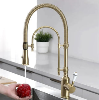 Dorene - Gold Brass Porcelain Pull Down Dual Mixer Kitchen Tap