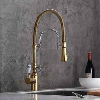 Dorene - Gold Brass Porcelain Pull Down Dual Mixer Kitchen Tap