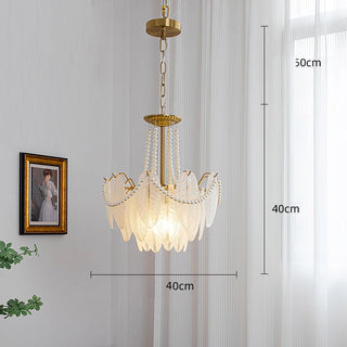 Kristy - Glass Feather Round White Glass Gold Frame Ceiling Light Chandelier