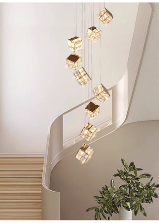 Celeste - Modern Statement Multi Head Chrome Square Crystal Spiral Chandelier