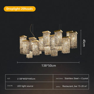 Nicole - Rectangular Hanging Crystal Coloured Glass Gold Chandelier