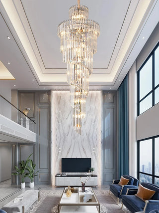 Aureus Spiral - Elegant Foyer Chandelier – Long Gold Crystal Pendant Light for High Ceilings