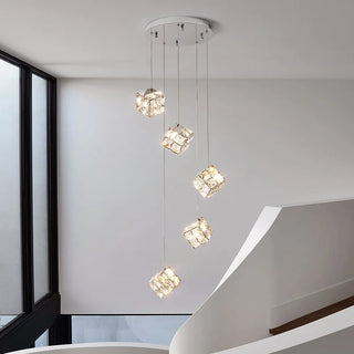 Celeste - Modern Statement Multi Head Chrome Square Crystal Spiral Chandelier
