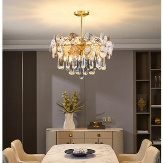 Albela - Patterned Glass Teardrop Crystal Glass Ceiling Light Gold Chandelier