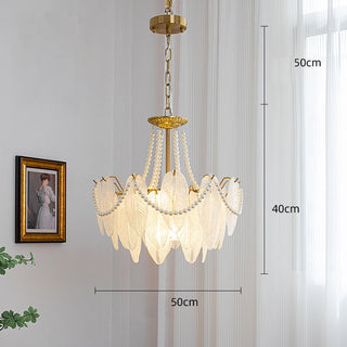Kristy - Glass Feather Round White Glass Gold Frame Ceiling Light Chandelier