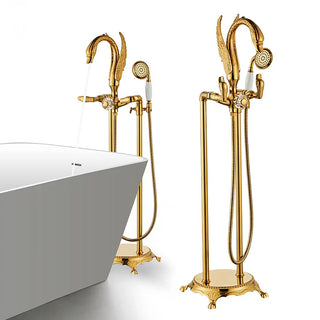Corella - Freestanding Floor Gold Swan Bathtub Tap with Handheld Shower