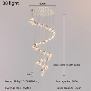 Celeste - Modern Statement Multi Head Chrome Square Crystal Spiral Chandelier