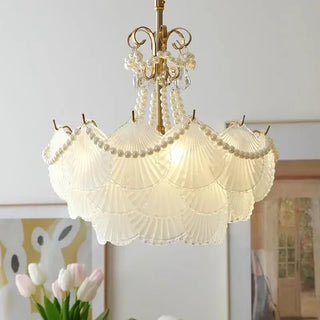 Kristy - Glass Feather Round White Glass Gold Frame Ceiling Light Chandelier