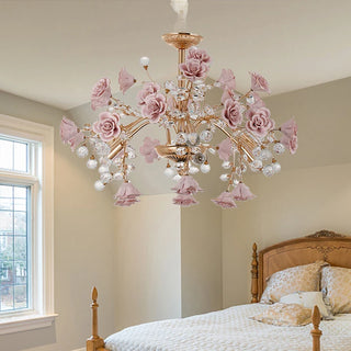 Luma - Luxury Ceramic Pink Flower Rose Crystal Hanging Ceiling Chandelier